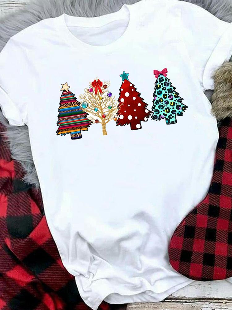 (Asian Size) Tree Lovely Letter Style Women Holiday Print Tee Top Festival Merry Christmas New Year Casual  Lady Short Sleeve Fashion Graphic T-shirts