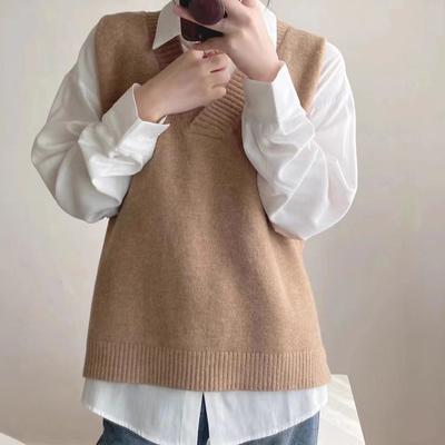 V-neck Sweater Vest Women Fall Winter Korean Solid Knitted Vests Casual Preppy Style Loose Trendy Sleeveless Sweater Vest