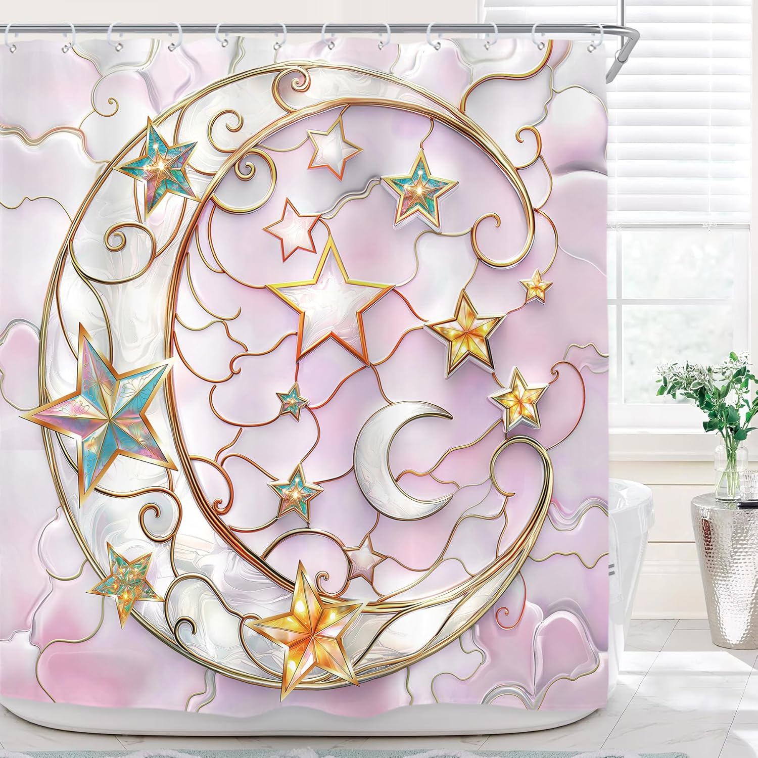 

Shower Curtain For Bathroom Decor Stained Glass Whimsical Cute Pretty Grily Fancy Women Girls Aesthetic Mysticprinted Fabric W60H190(CM)-1 Pcs
