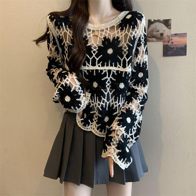 Hollow Out Knitted Shirt for Women Early Autumn New Style Large Size Slim Hollow Top