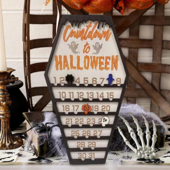 Halloween Countdown Calendar Wooden Coffins Shape Countdown Plaque Ornaments with Pumpkins Ghosts Bats Haunted House Party Decoration