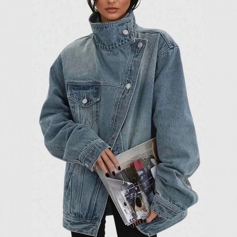Relaxed Fit Distressed Denim Biker Jacket Women Short Cropped Stand Collar Casual Streetwear