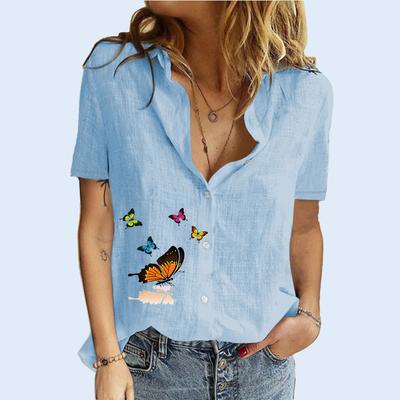 Women Fashion Lapel Collar Top Summer and Fall Print Blouses Female Short Sleeve Tee Shirt Cotton Linen Cardigan T-shirt