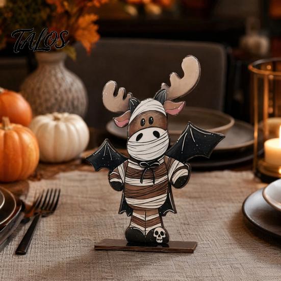 Cute Halloween Animal Decor 4 Pcs Highland Cow Table Decoration, Rustic Wooden Pumpkin Bat Bucket Zombie Signs, Farmhouse Tabletop Centerpiece