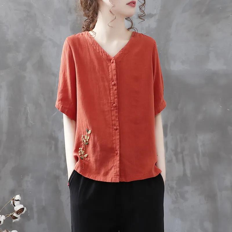 Womens Casual Embroidered V Neck Half Sleeve Button Down Blouse XL красный