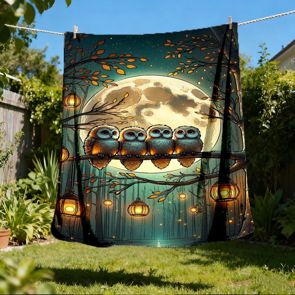 1pc Owl Night Lanterns Throw Blanket Polyester Fiber, Lightweight Flannel, Soft & Warm, All Season Use for Outdoor, Camping Digital Print
