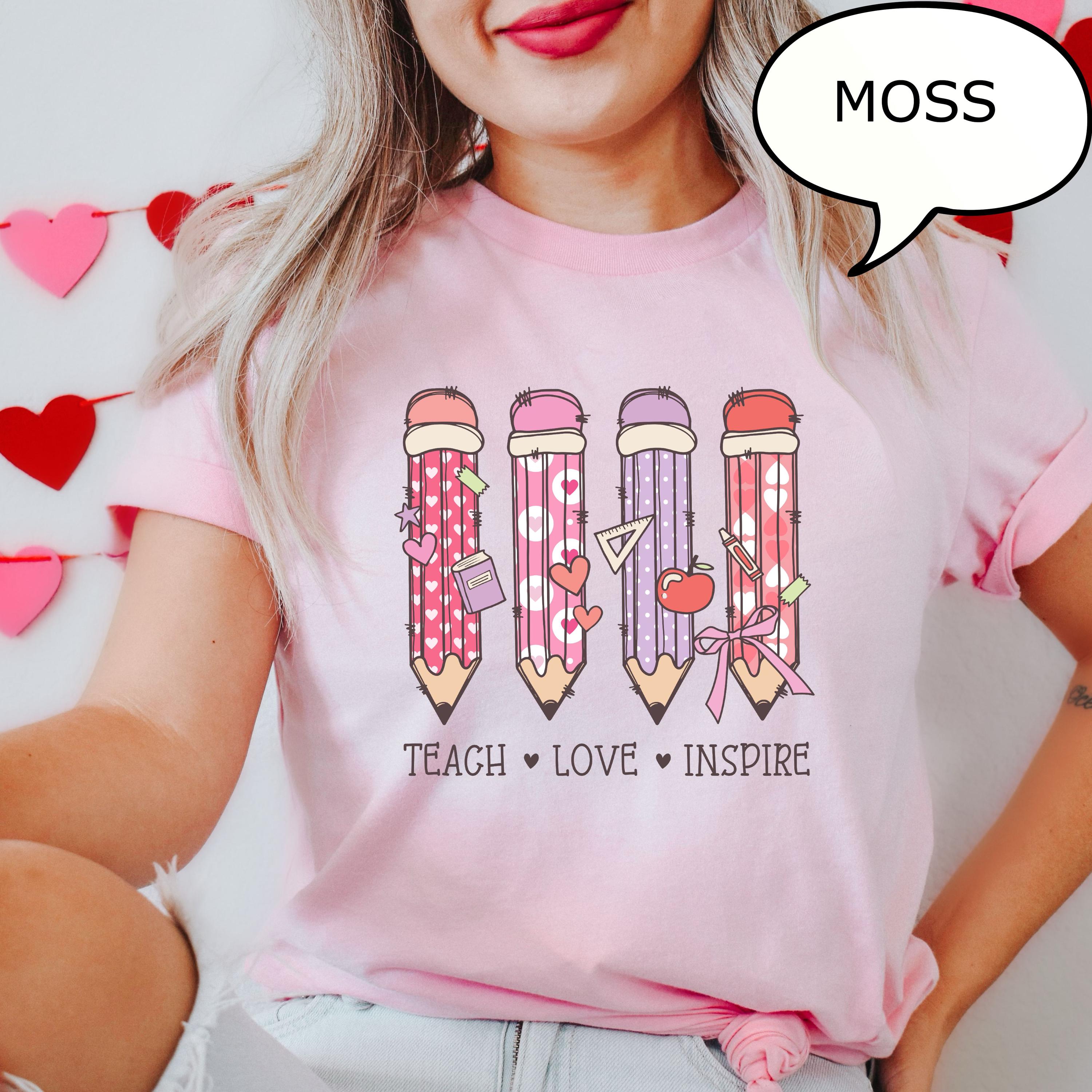 Teach Love Inspire T Shirt Teacher Valentines Day Women T Shirt Pencil Cotton Tops S розовый