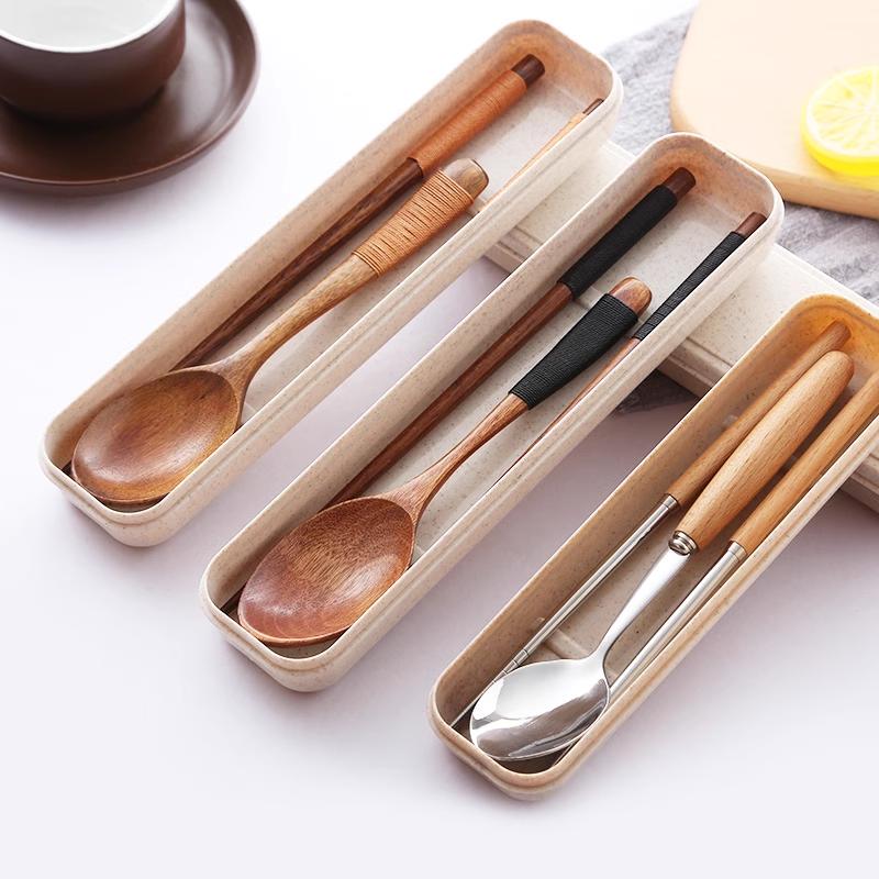3 Piece Japanese Solid Wood Portable Cutlery Set Creative Camping Gear Student Worker Portable Stainless Steel Cutlery Set