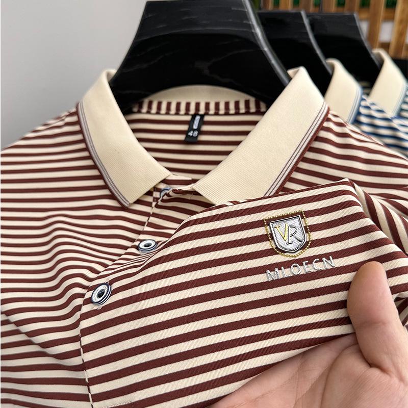 Striped Short-Sleeved Polo Shirt Men'S T-Shirt Cotton Casual Men'S Threaded Lapel Half-Sleeved Top