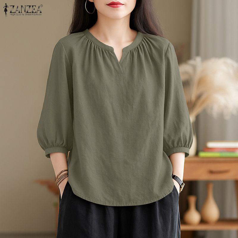 ZANZEA Lässige Bluse mit V-Ausschnitt und 3/4-Ärmeln für Damen in Volltonfarbe