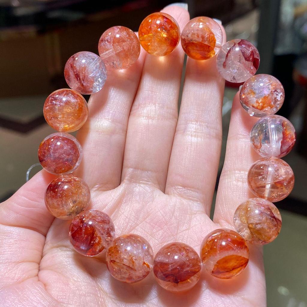 Natural Brazilian Red Phantom Quartz Beaded Bracelet with Floating Inclusions