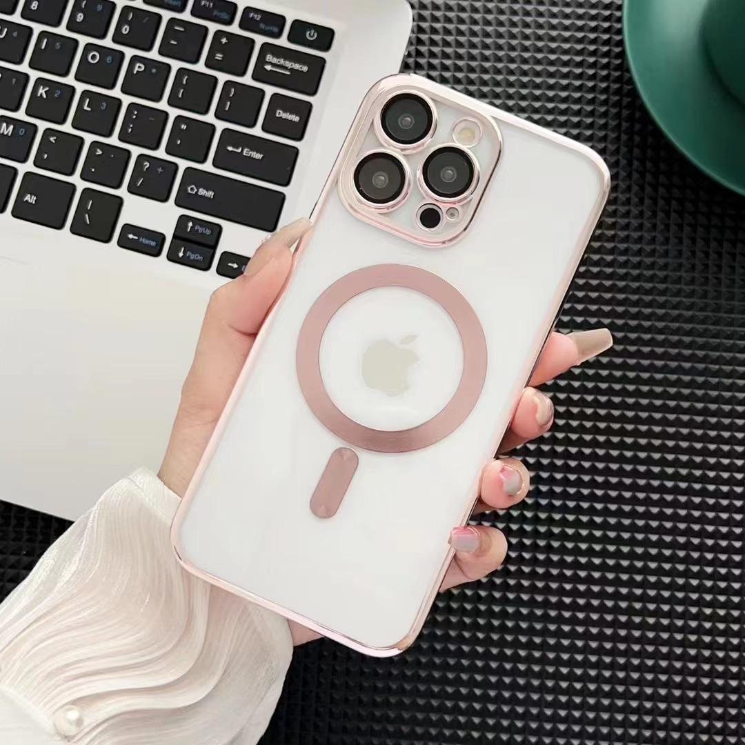 

Подходит для IPhone16pro Магнитный чехол для телефона, Ультратонкий Apple 15 Гальванизированный ПК Противоударный Защитный чехол с пленкой для линз 14 iPhone16 розовый