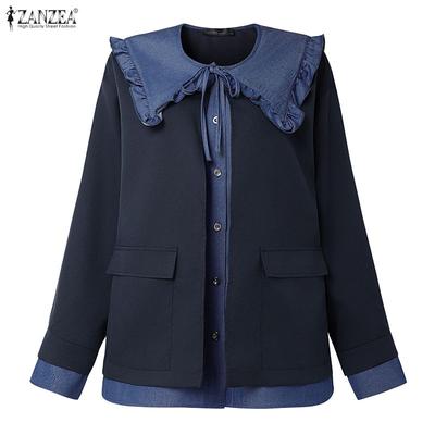 Women Casual Splice Doll Collar Loose Long Sleeve Blouse