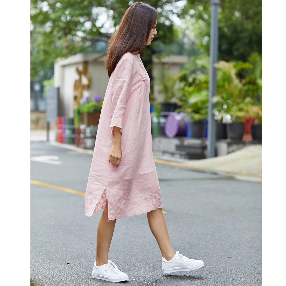 2020 Summer Women's Soft Pink Lotus Sleeve Cotton Linen Embroidery Dress