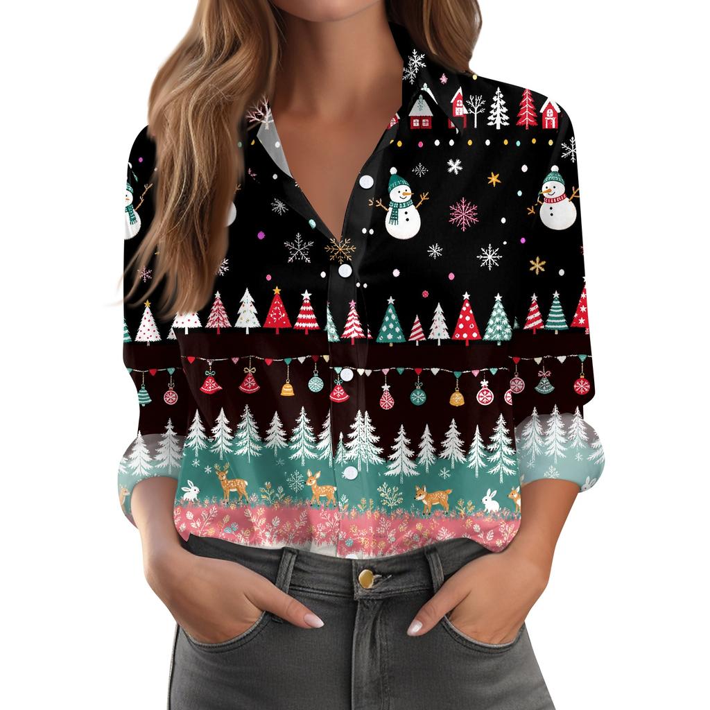 Women's Casual Christmas Print Long Sleeve Button Down Shirt with Fit
