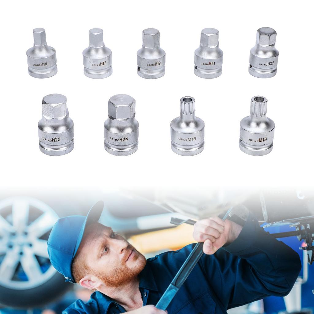 9PCS 3Celsius4 Inch Drive Hex Spline Bit Socket Set Cr-Mo Alloy Steel H17 H19 H21 H22 H23 H24 Hex Bit Spline Bit Socket Kit for Automotiv