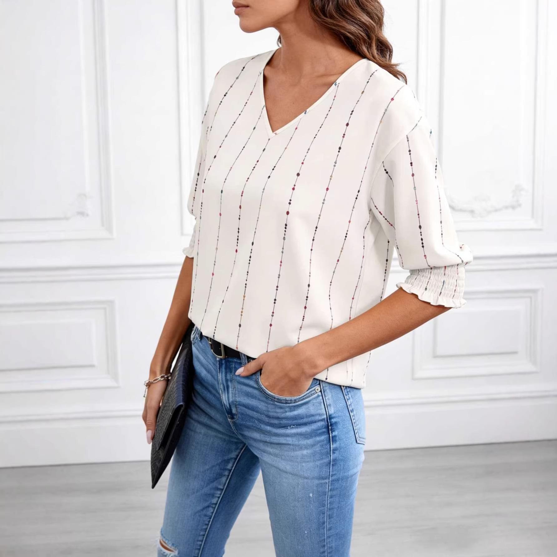 Factory direct supply V-neck printed chiffon shirt, autumn new vertical color dot line middle sleeve top, wholesale hair S белый