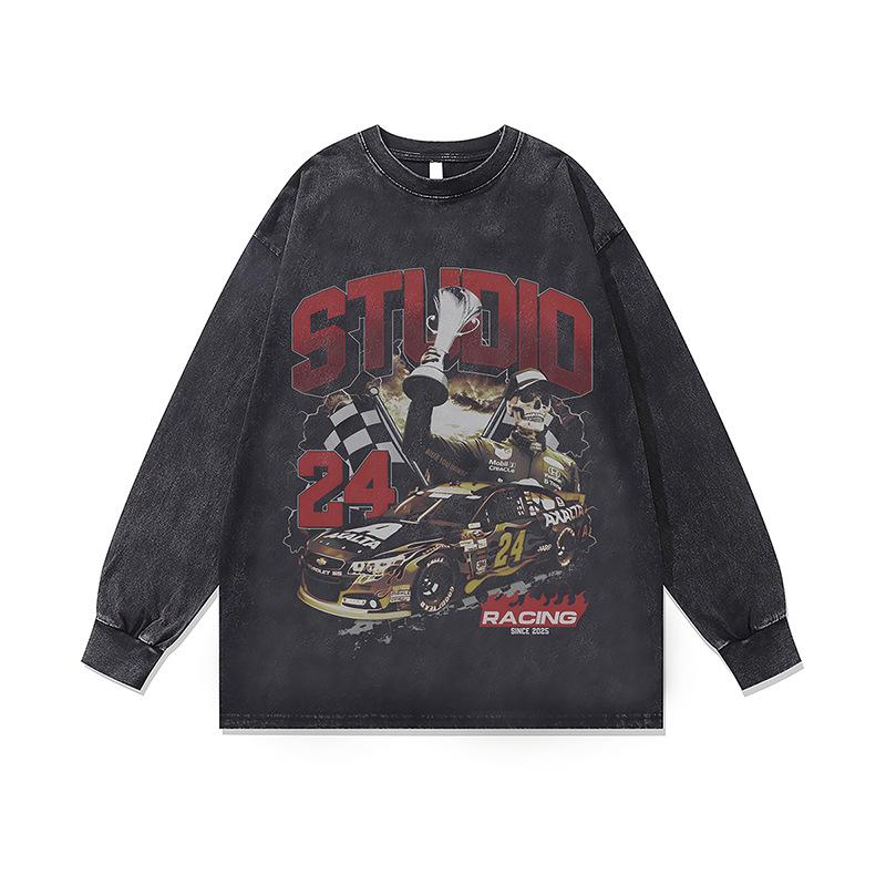 Amerikanische Trendmarke Vintage Retro Racing Digitaler Direktdruck Reine Baumwolle Gewaschen Locker Langarm-T-Shirt Herren