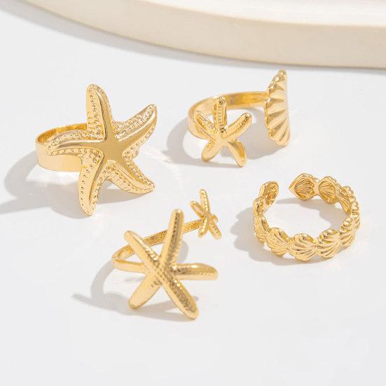 4Pcs Ocean Style Ring Set, Adjustable Open Rings, Gold Plated Starfish Seashell Rings, Dainty Summer Beach Jewelry Gifts for Women