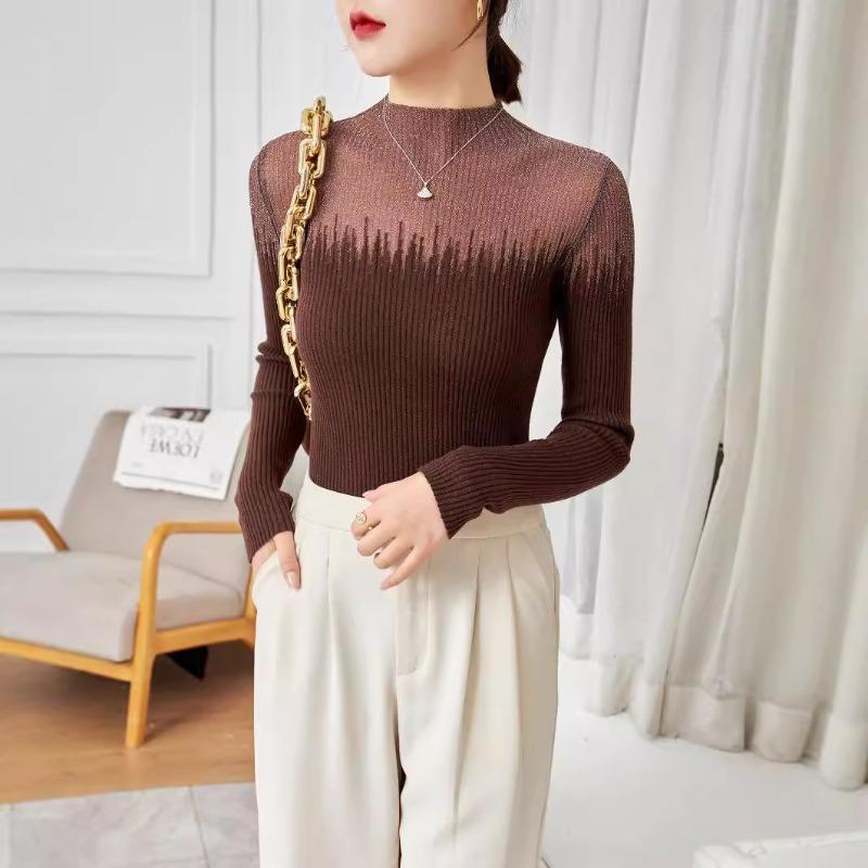 Mesh splicing silk wool knitted bottoming shirt women's autumn new turtleneck wool top with sweater inside