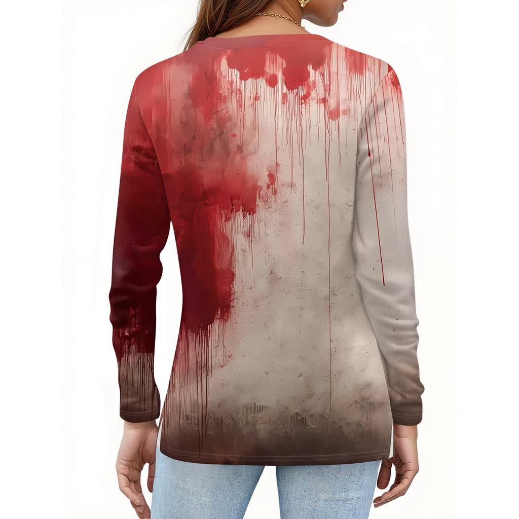 Women's Fashion Casual Slit Hem Round Neck Long Sleeve Loose Halloween Printed T-Shirt Ladies Top