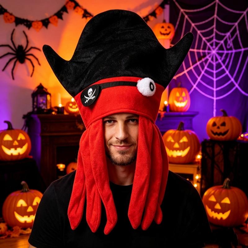 Pirate Cuttlefish Character Hat with Soft Fabric and Adjustable Sizing for Halloween Cosplay Party Looks and Photo Props