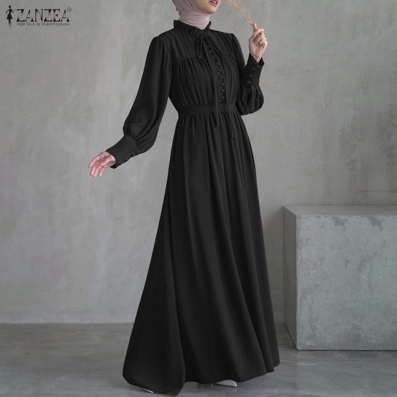 ZANZEA Women Casual Round Neck Long Sleeve Loose Long Dress