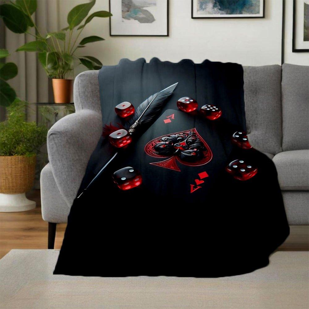 Black Playing Card with Red Dice and Feather DecorBlanket Flannel Throw Blanket for Sofa, Bed, Travel, Camping, Office