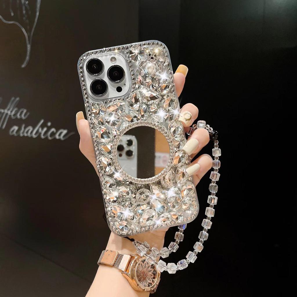 Diamond Pearl Bear Stand Mirror with Anti-Fall for Apple 15PRO/14/13 Mobile Phone Case