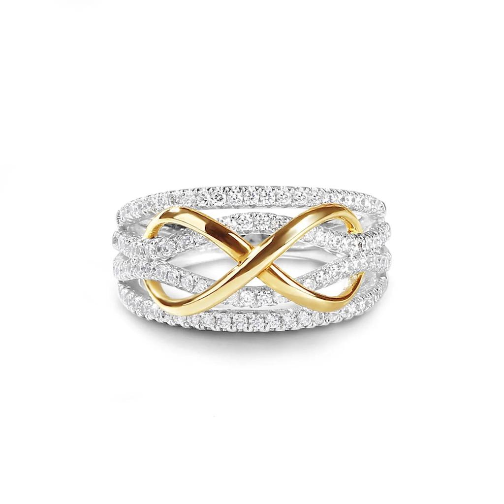 Exquisite Two-Tone 8-Shaped Commitment Ring with Shiny Diamond Inlay - Gold and Silver Eternal Symbol