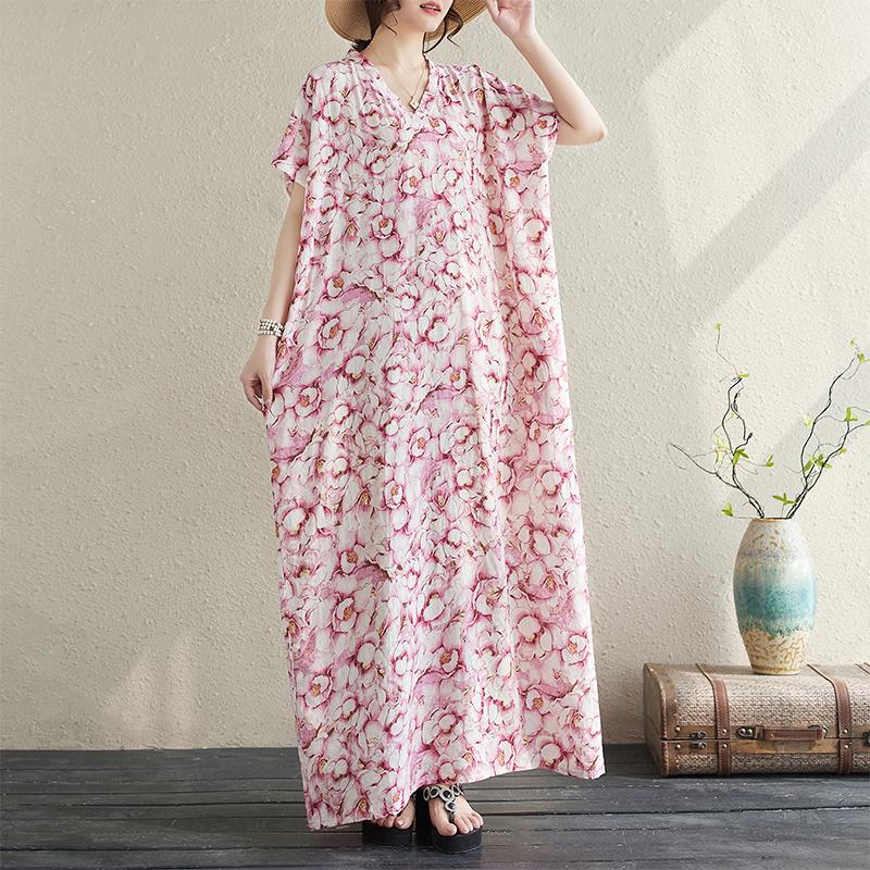 Dimanaf 2024 Plus Size Dress Women Summer V-Neck Sundress Bohemian Floral Print Loose Big Oversize Maxi Dress 725