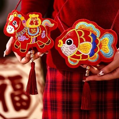 Chinese Style Red Envelope Bag Year of The Horse Mascot Zodiac Horse Ornaments with Tassels Embroidery 2026 Lucky Bag