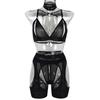 Solid Color Splicing Mesh Underwear Perspective Hollow Out Fun Four Piece Set Bras & Bra Sets