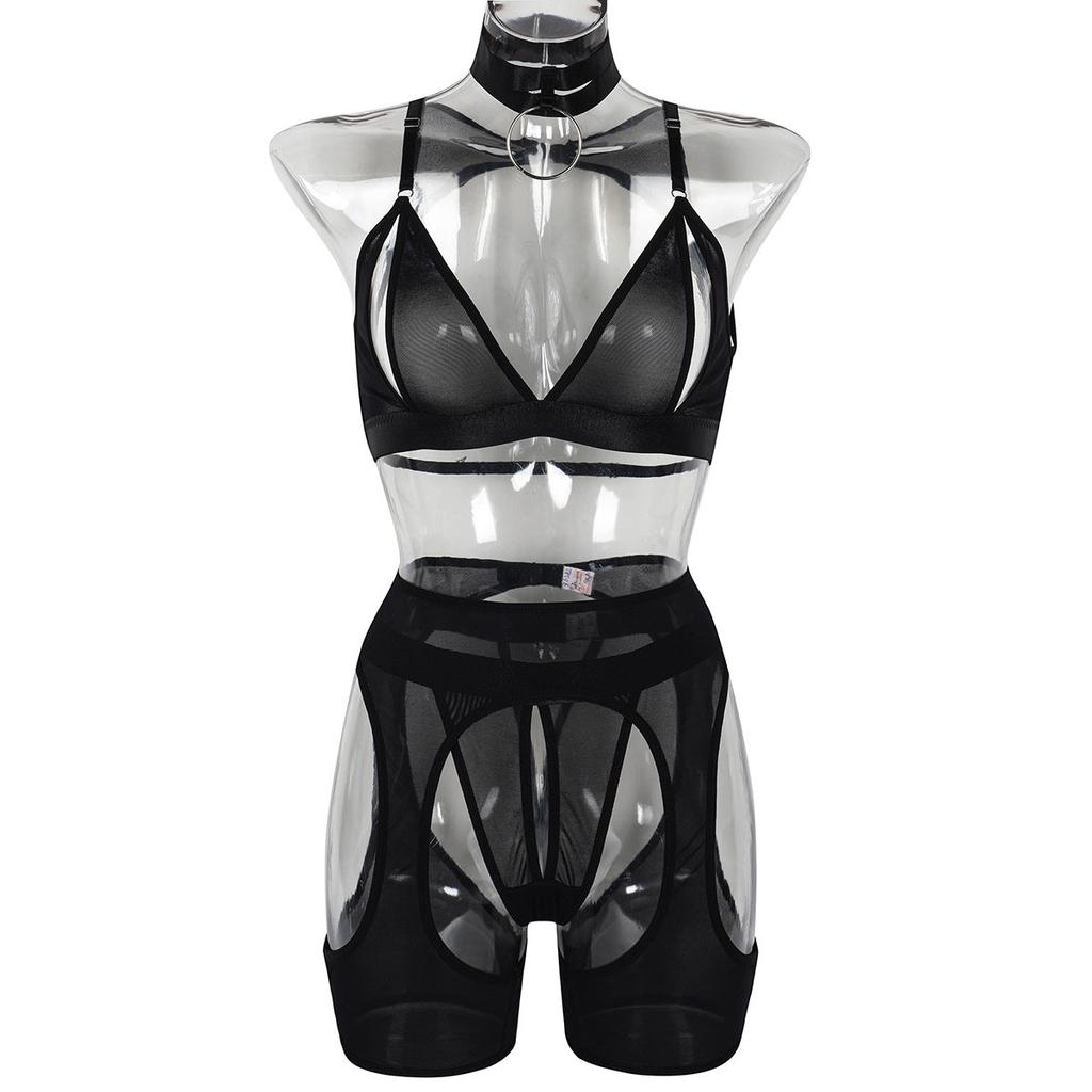 Solid Color Splicing Mesh Underwear Perspective Hollow Out Fun Four Piece Set Bras & Bra Sets