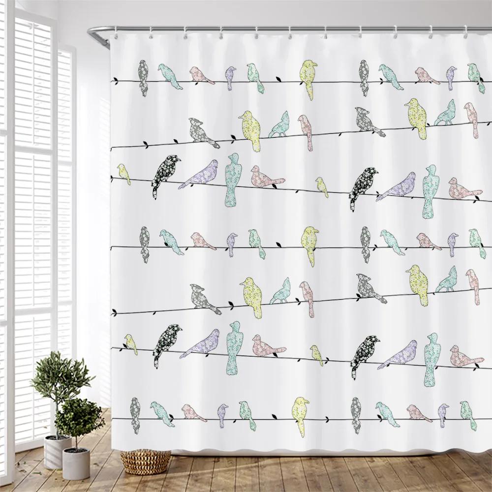 Cartoon Colorful Birds Shower Curtains Creative Design Watercolor Printing Chinese Style Cloth Bathroom Curtain Set Simple Dec
