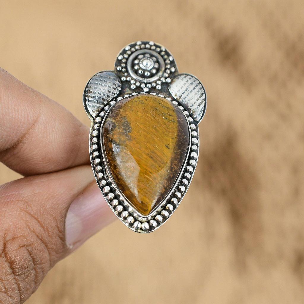 Pear Tiger's Eye Stone Promise New Flower Anniversary Engagement Ring 925 Silver