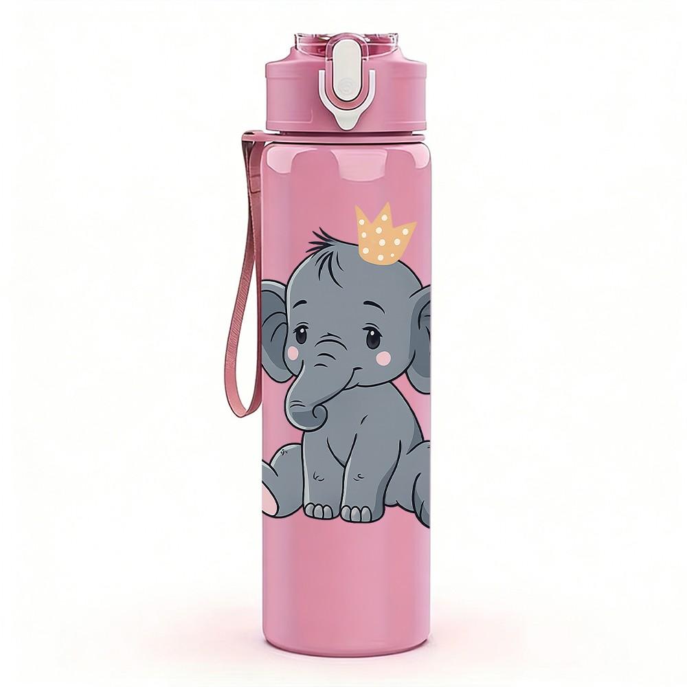 1PC Cute Baby Elephant Cartoon Print 750ml Color Plastic Sports Water Bottle Leakproof Flip Straw Lid Suitable for Sports Office Home Use