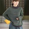 Johnature Women Vintage Pullover Sweaters Half Hight Collar Striped Knitted Spring Long Sleeve Sweaters