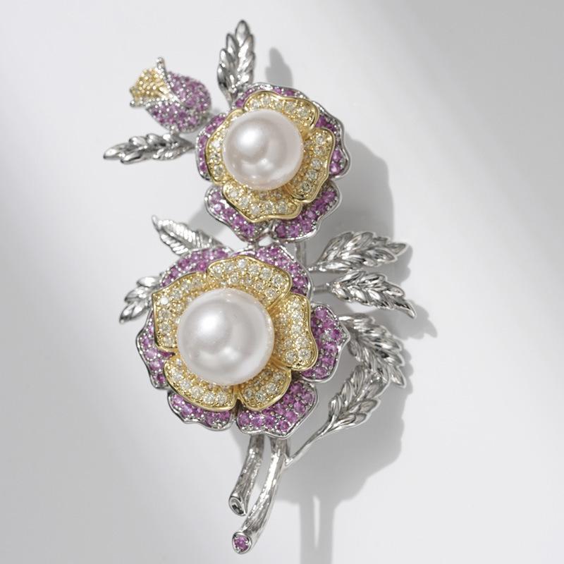 Bo Xin Yun Light Luxury Camellia Zirconia Brooch - Elegant Double Color Corsage Pin