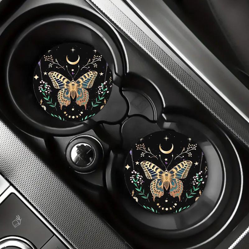 2pcs Elegant Golden Butterfly Car Cup Holder Coasters - Non-Slip, Removable & Reusable For Vehicle And Home Use