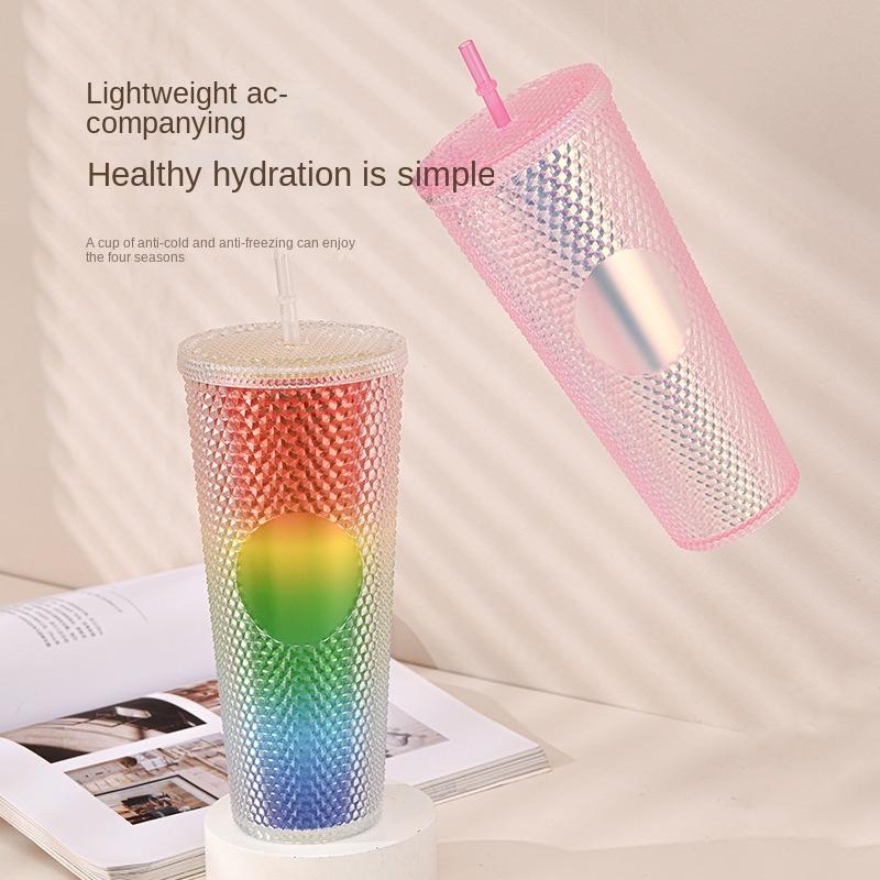 1PC 710ML Straw Cup with Lid Studded Finish Double Wall Coffee Mugs Plastic Studded Durian Tumblers Cold Bling Cup Customized