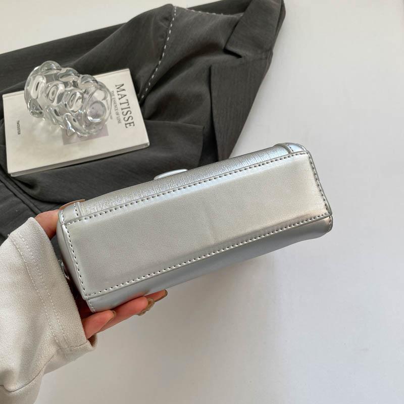Fashion Metallic Silver Mini Satchel Bag Elegant Womens Shoulder Bags Versatile PU Leather Ladies Crossbody Purse Square Handbag