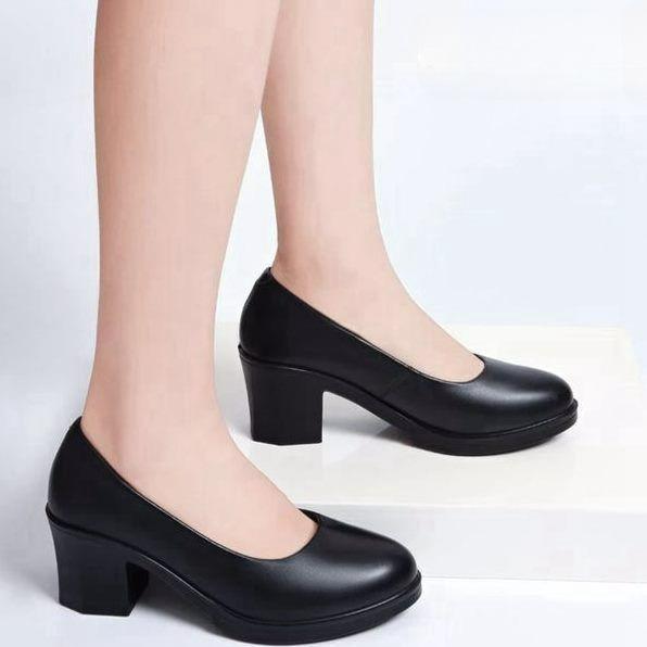 Buty Damskie Jednokolorowe Cztery Pory Roku Gruba Obcas Okrągły Nosek Średniej Wysokości Buty Damskie Pierwiastek Kwadratowy Płytki Dekolt Czarne Skórzane Buty Niskie Obcasy Damskie Buty Jednokolorowe