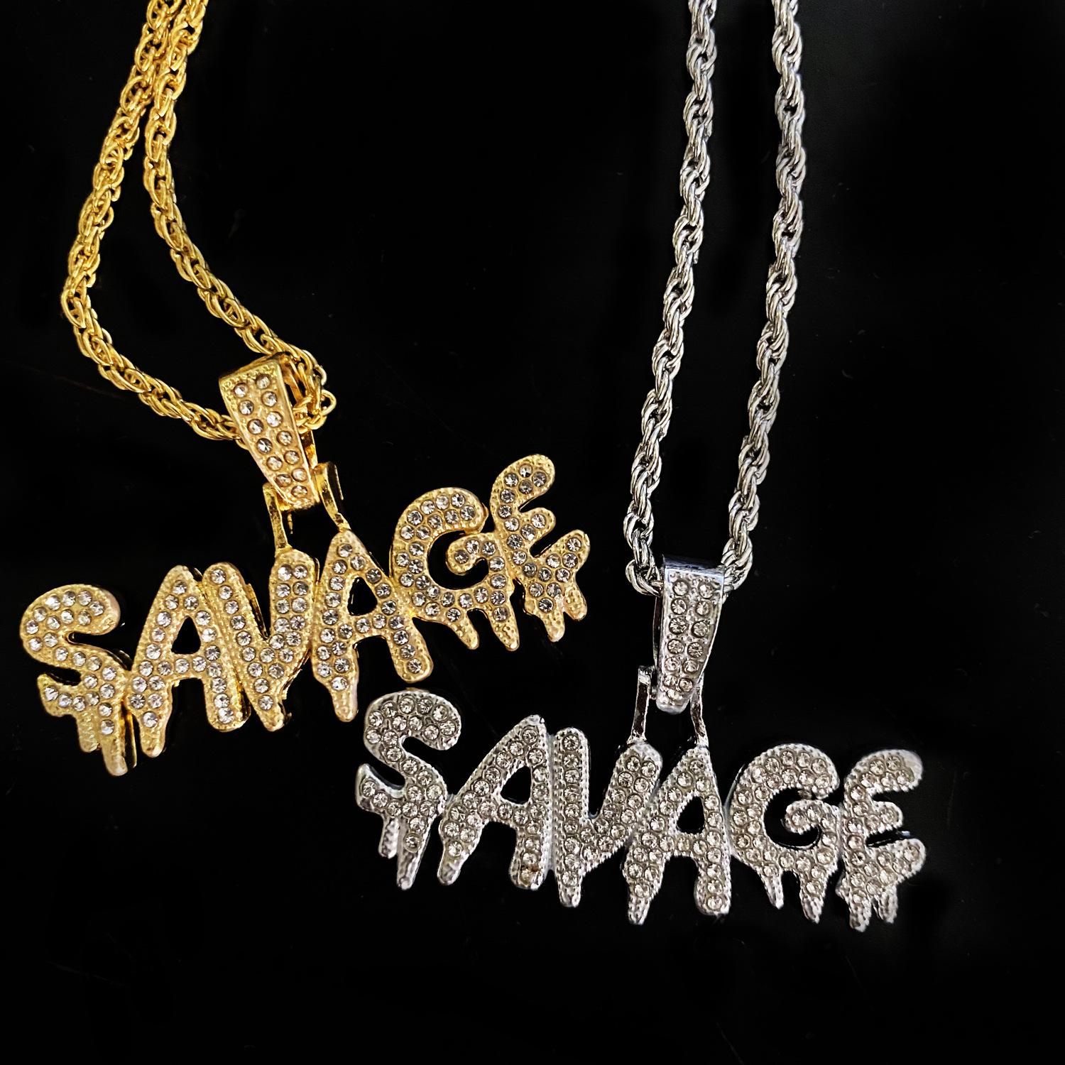 Unisex Hip Hop SAVAGE Pendant Necklace with Micro-inlaid Zirconia золотой