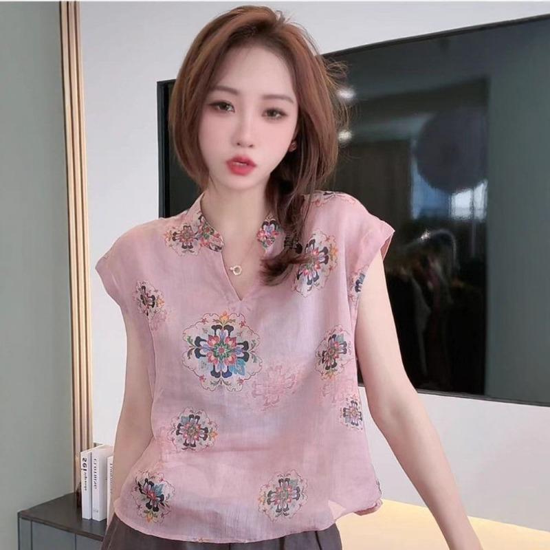 

Womens Pink Floral Print Blouse Casual Mandarin Collar V Neck Sleeveless Linen Top S