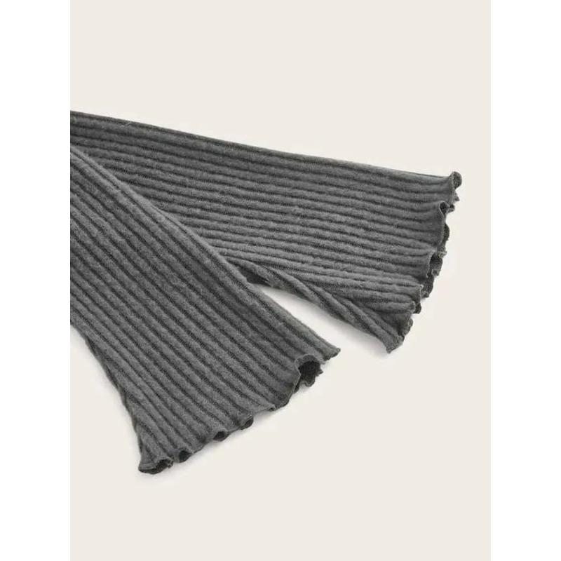 Damen Einfarbig Herbst Winter Grunge Asymmetrischer Hals Rippenstrick T-Shirt Trägerlose Bluse Langarm Casual Pullover Taschentuch Saum