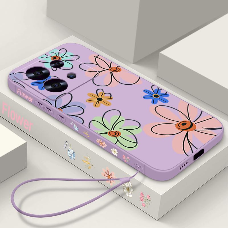 Lanyard Soft TPU Case For Xiaomi Redmi Note 14 13 Pro Plus 12 14 Pro 5G Note 13 11 13C 4G Cartoon Flower Patterned Phone Cover