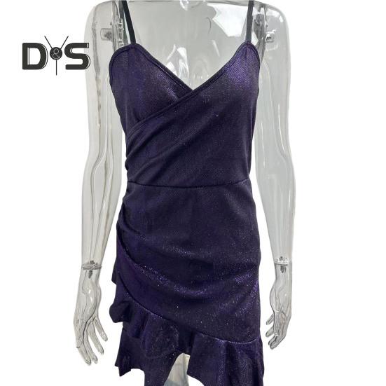Women Slip Dress Ball Prom Party Mini Dress Sequin Slim Fit Backless Sleeveless Ruffle Hem Sling Dress Pleated Low-cut V Neck High Waist Summer Dress