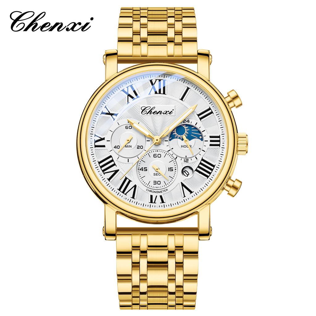 Business Gold Quartz Watches For Men Chronograph Calendar Man Watch Fashion Moon Phase Waterproof Men's Wristwatches