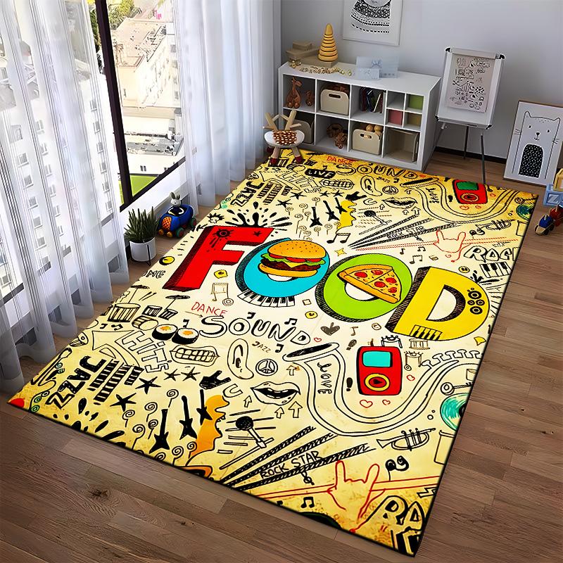 Colorful Fun Pattern Carpet with Food, Music, and Doodle Art Design Suitable for Use As an Anti-slip for Living Room Bedroom Sofas